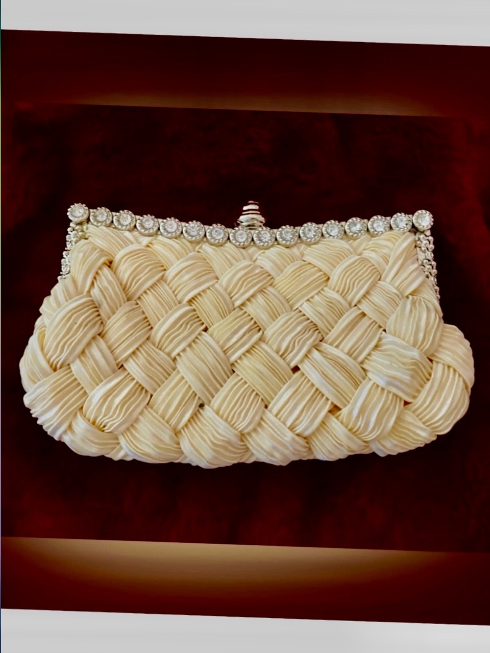 New Elegant Ivory Woven Satin Clutch with Rhinestone Frame & Clasp
